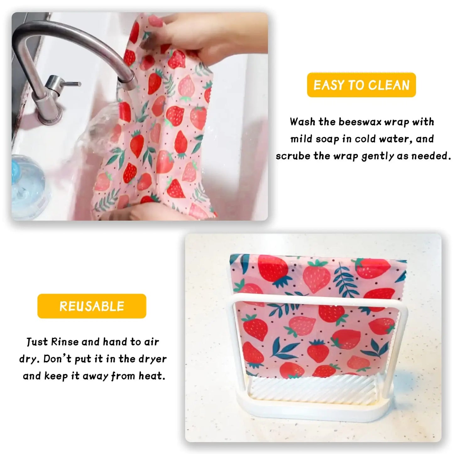 BeeFresh Reusable Beeswax Food Wraps – 3 Piece Set (Lemon Pattern)