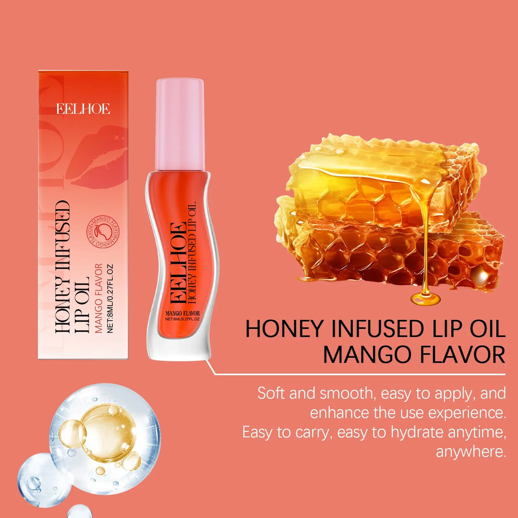 Eelhoe 8ml Honey Mango Flavor Moisturizing Lip Oil Nourishing Lips Enhance Gloss Care Exfoliator Lip Shine Plumping Lip Oil