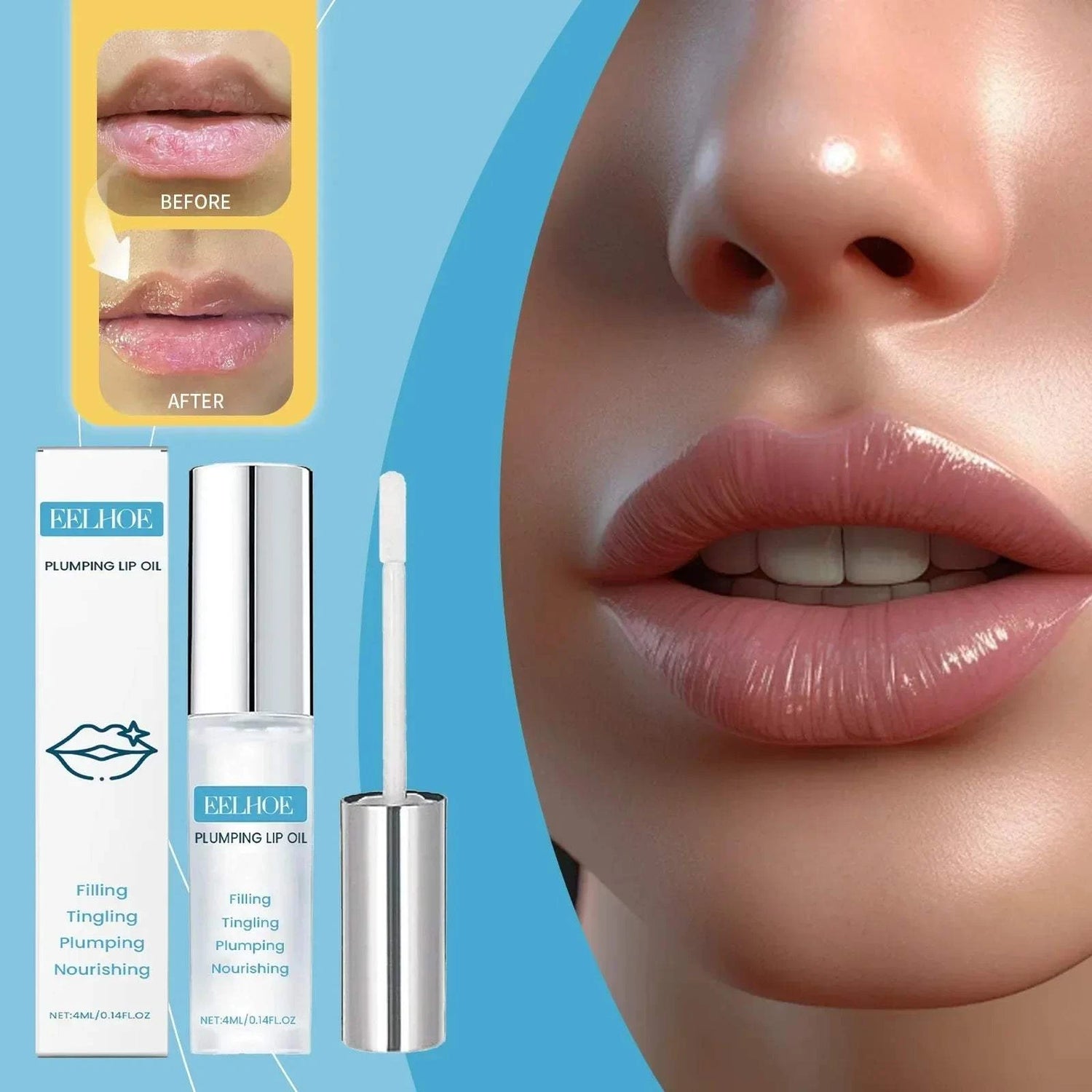 Fast volumising lip plumper serum in glossy tube for hydrated, fuller lips