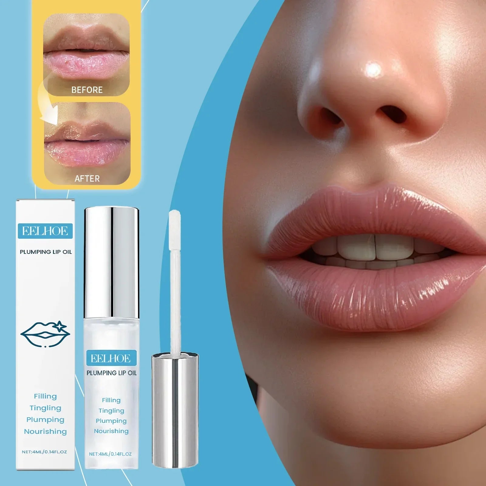 Fast volumising lip plumper serum bottle with glossy pink lip oil for moisturizing and brightening lips