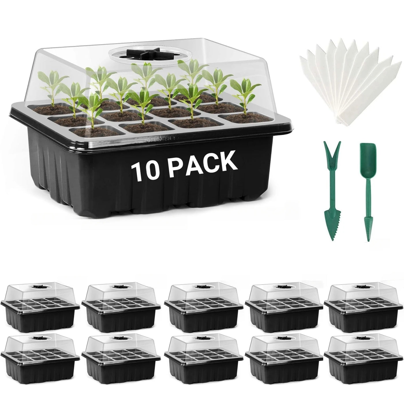 SproutStart Seed Tray Kit – 10 Pack Mini Greenhouse with Ventilation (12 Cells Each)
