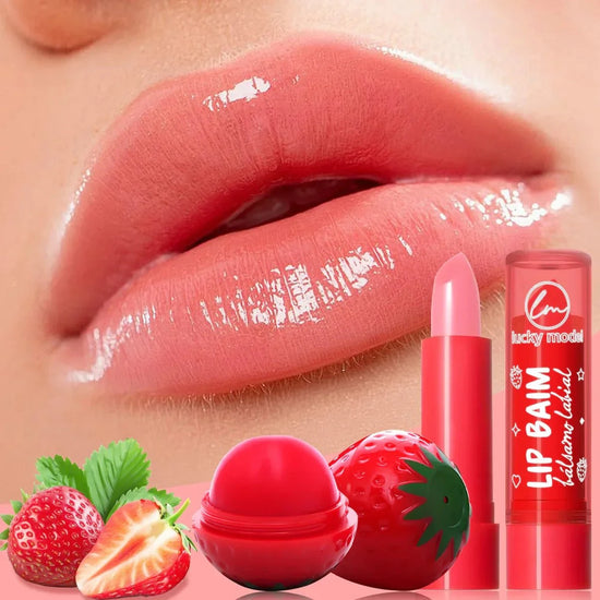 Strawberry lipstick set with moisturizing natural red lip balm in red compact packaging