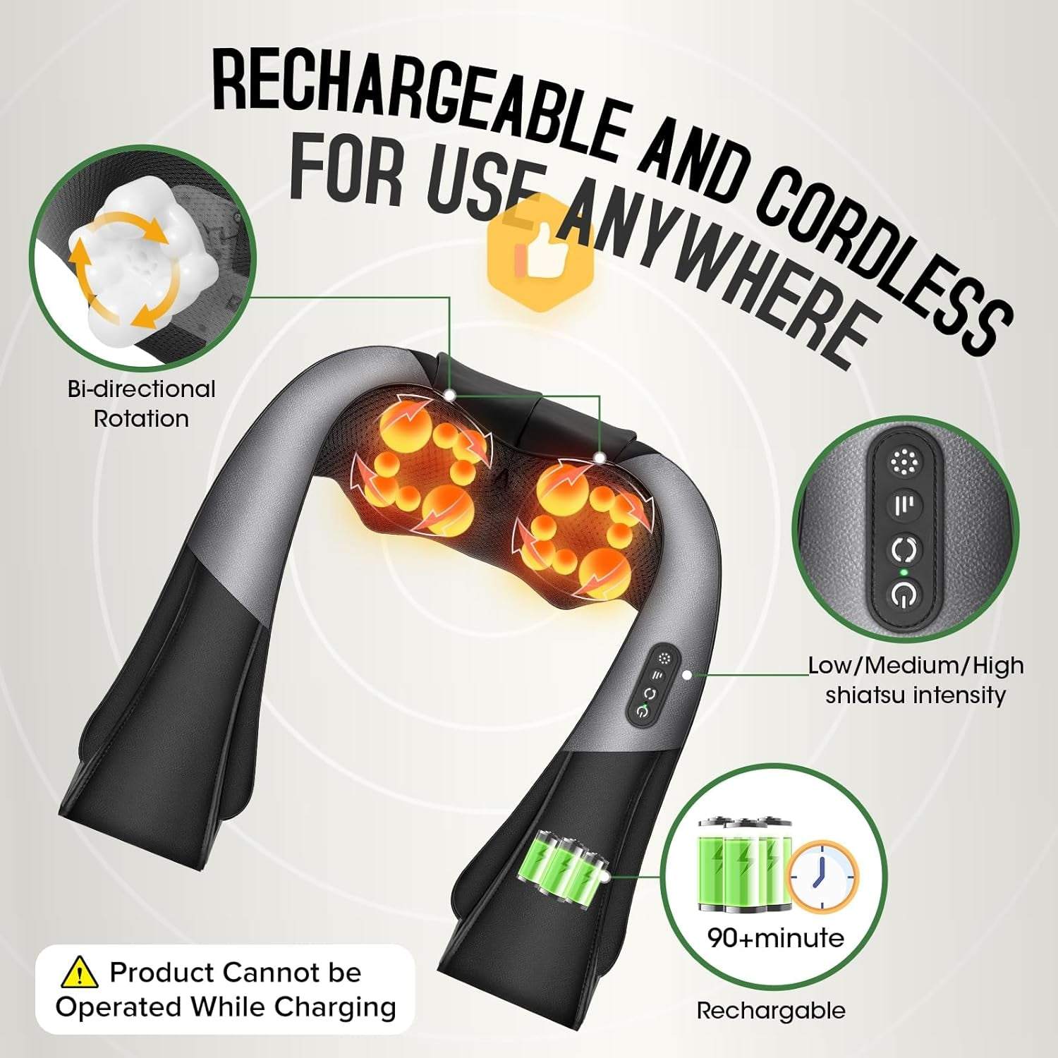 Cordless Shiatsu Neck and Shoulder Massager, Back Massager with Heat,Massage Deeper Tissue 4D Kneading Massage for Shoulder, Neck and Back, Use at Home, Office, Car - Gifts for Fathers Day Dad Gift